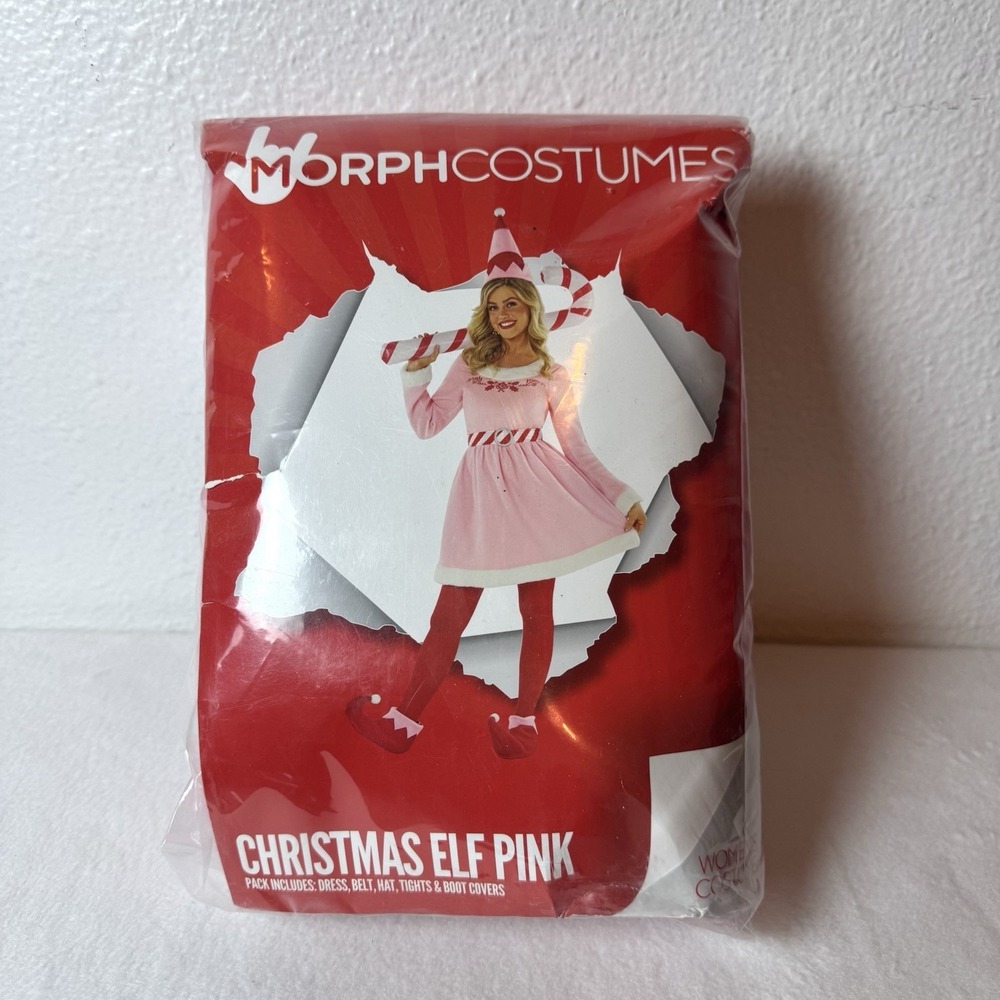 New Morph Costumes Christmas Elf Pink Dress Belt Hat Tights Shoe Covers Size XXL